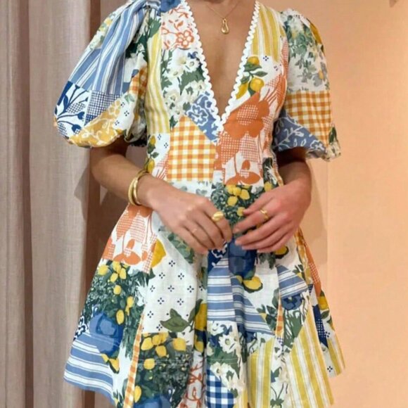 Multicolor Boho Women's Lemon Color Patchwork Wavy Print Mni Dress - Picture 4 of 5